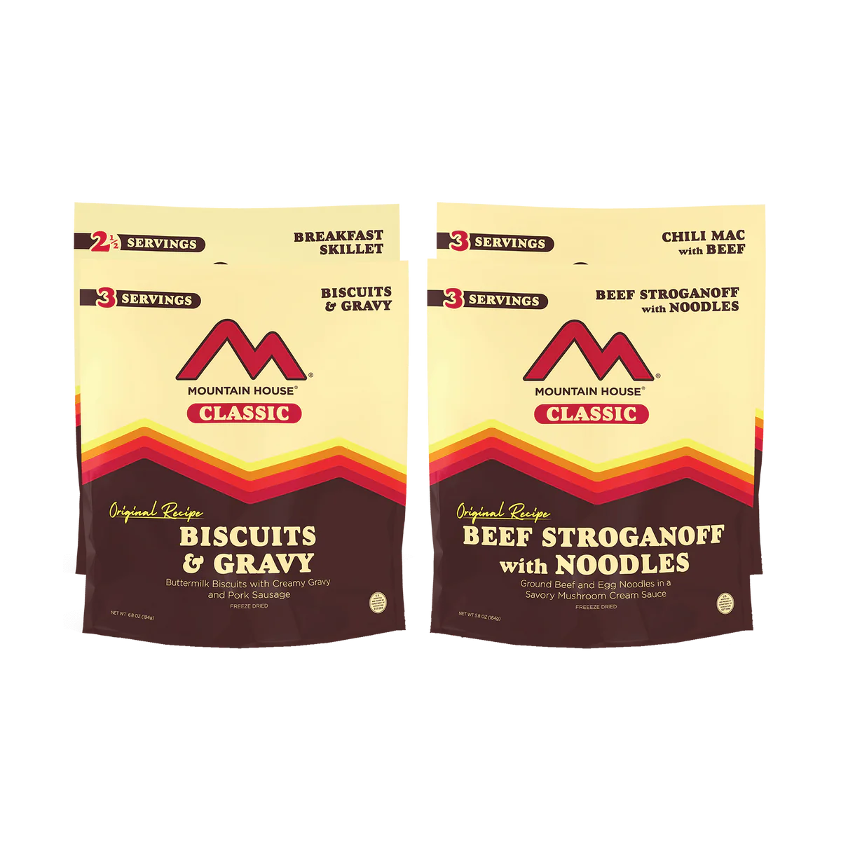 Top-down view showing the four pouches in Mountain House Classic Kit