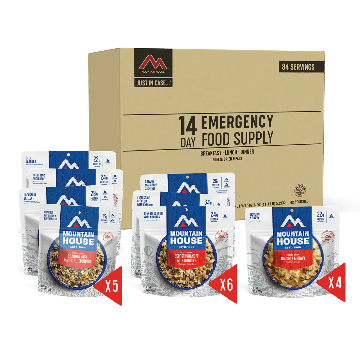 Front view showing pouches included in Mountain House 14 Day Emergency Food Supply
