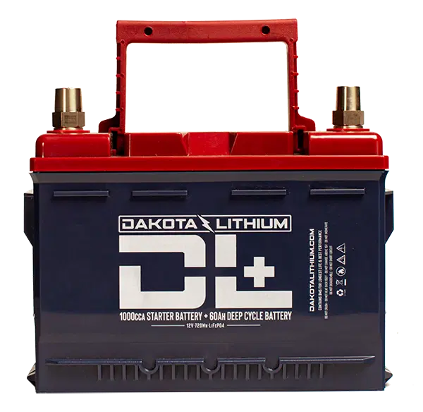 Front view of Dakota Lithium DL+ 12V 60Ah Dual-Purpose battery with 1000CCA rating