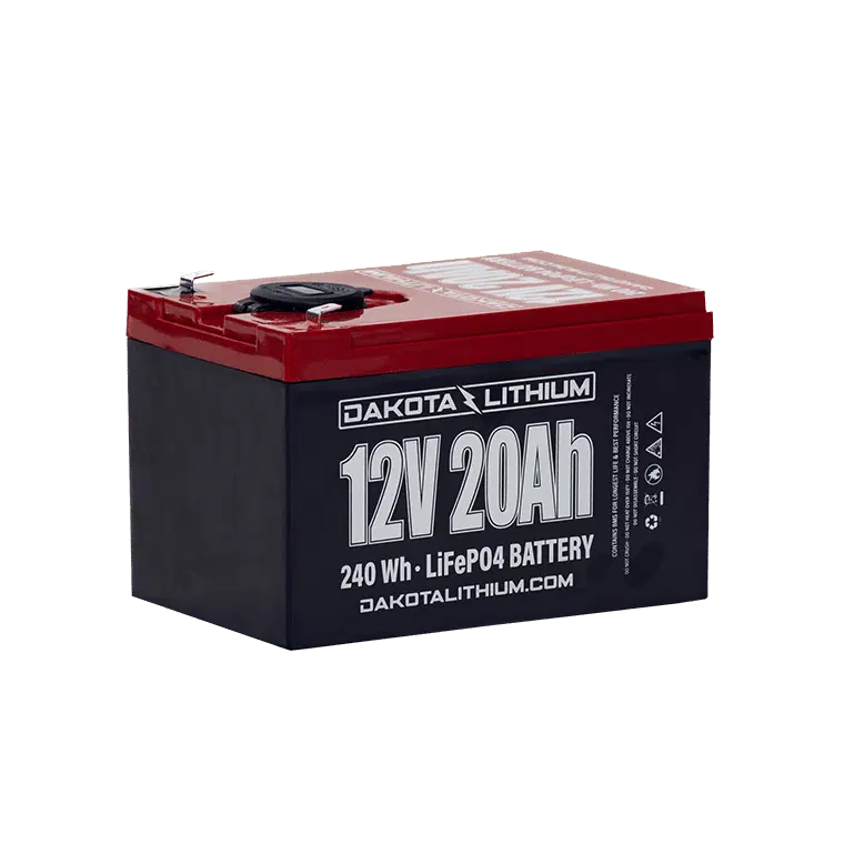 Front view of Dakota Lithium 12V 20Ah battery with USB and voltmeter