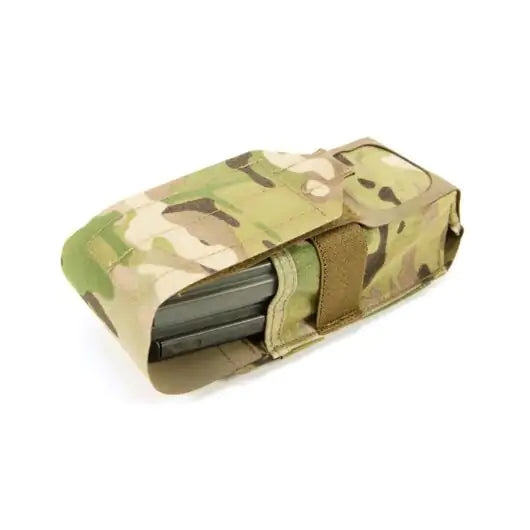 Front view of Blue Force Gear Double M4 Magazine Pouch in multicam holding two magazines