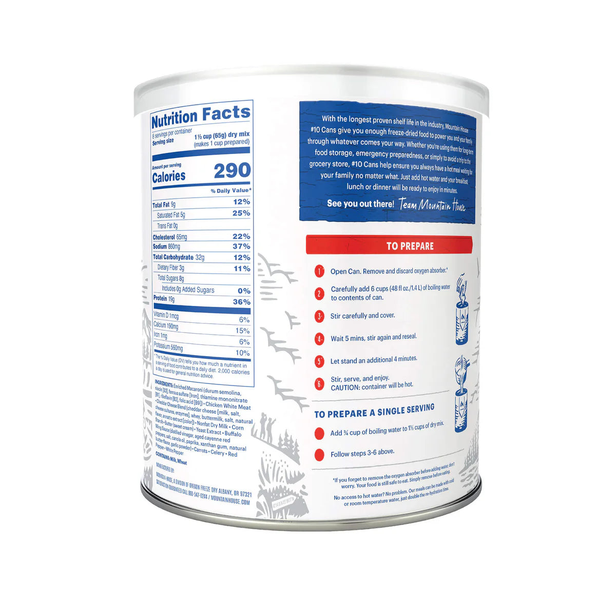 Ingredients label of Mountain House Buffalo-Style Chicken Mac & Cheese