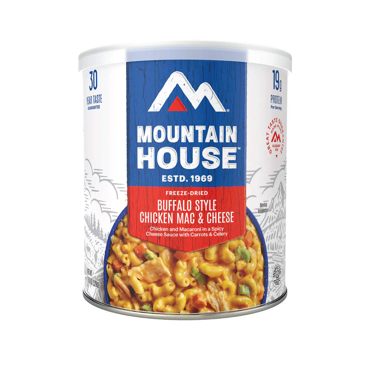 Front view of Mountain House Buffalo-Style Chicken Mac & Cheese #10 can