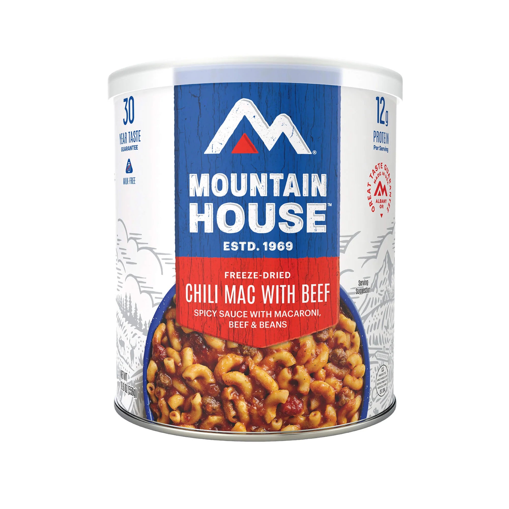 Front view of Mountain House Chili Mac with Beef #10 can