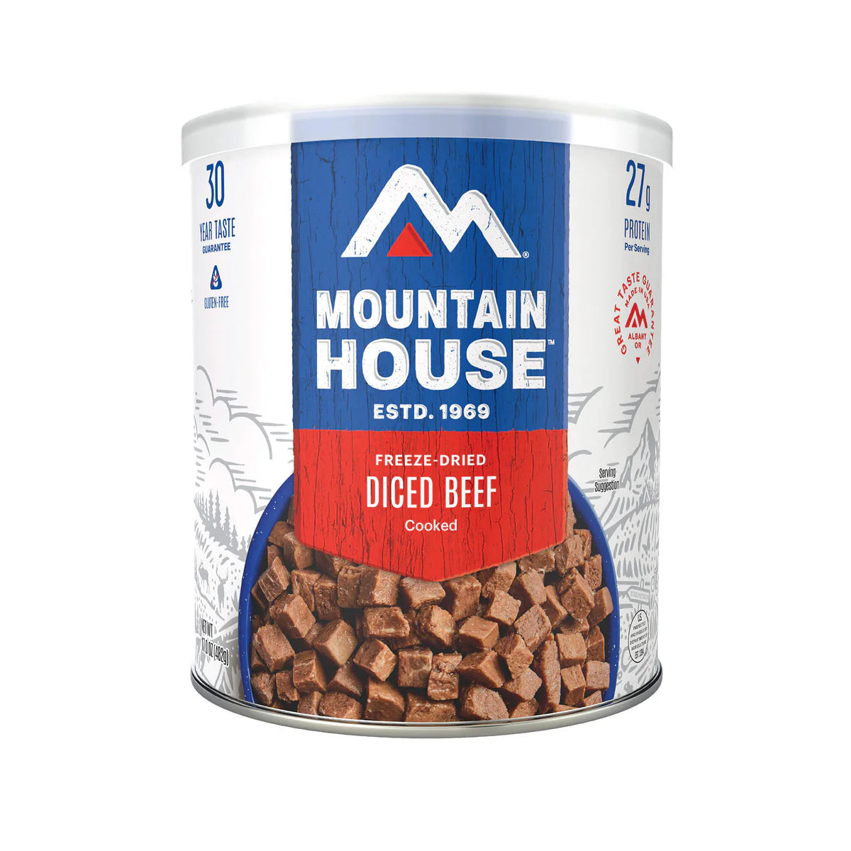 Front view of Mountain House Diced Beef freeze-dried container