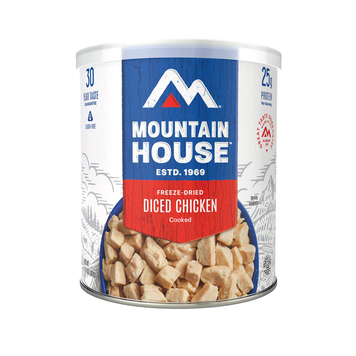 Front view of Mountain House Diced Chicken #10 can