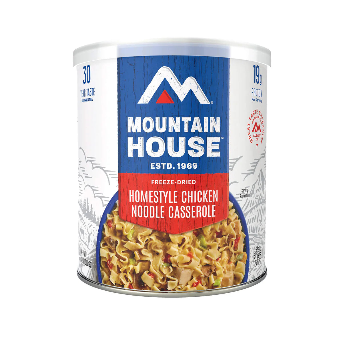Front view of Mountain House Homestyle Chicken Noodle Casserole #10 can