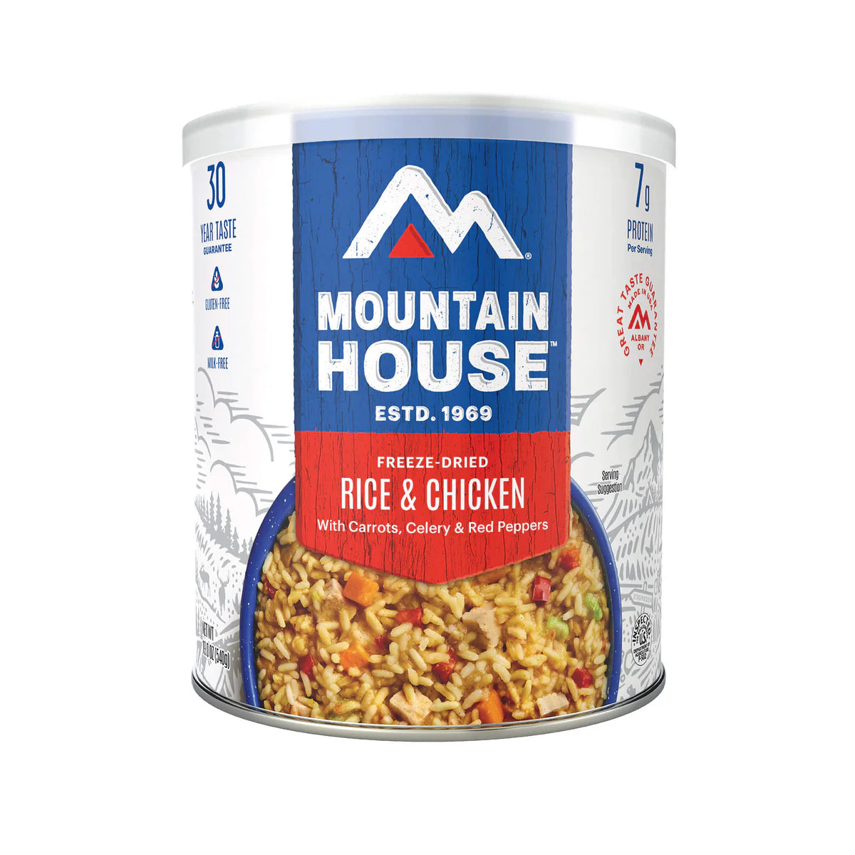 Front view of Mountain House Rice & Chicken #10 can