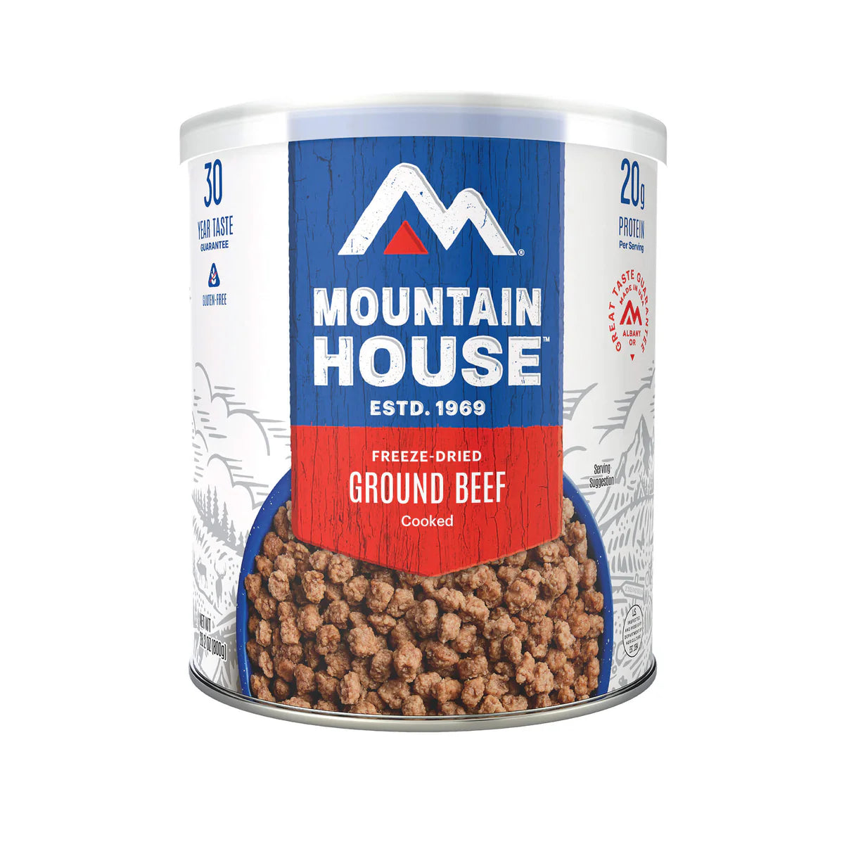 Front view of Mountain House Freeze-Dried Ground Beef container