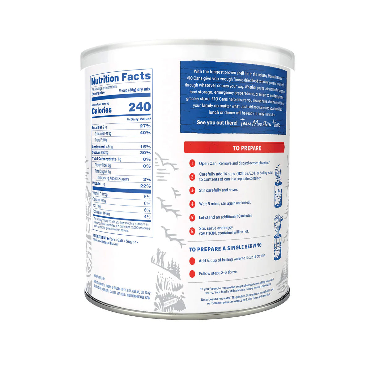 Ingredients and nutrition label of Mountain House Pork Sausage