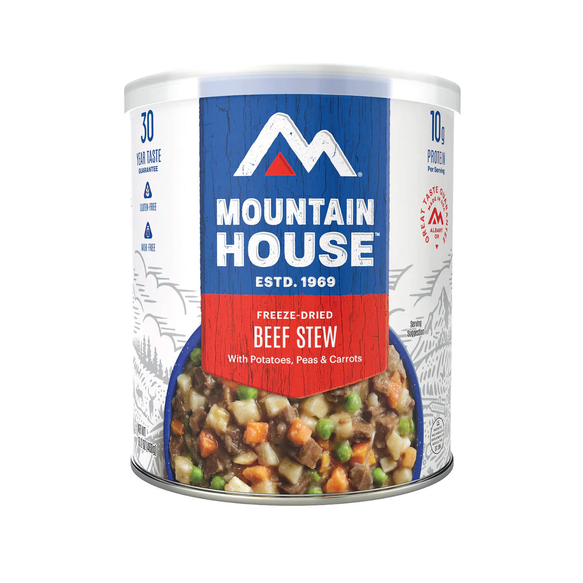 Front view of Mountain House Beef Stew #10 can