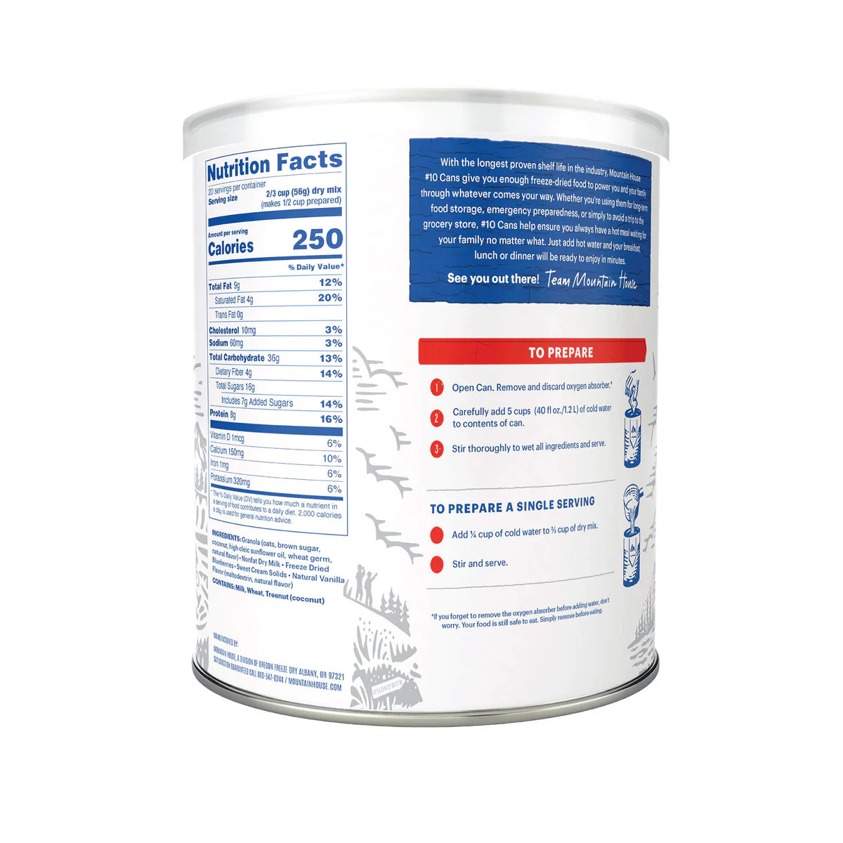 Ingredients & nutrition label of Mountain House Granola with Milk & Blueberries