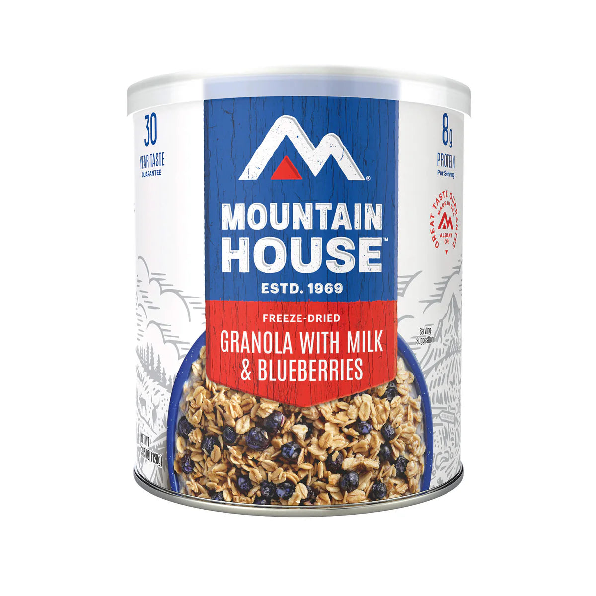 Front view of Mountain House Granola with Milk & Blueberries #10 can