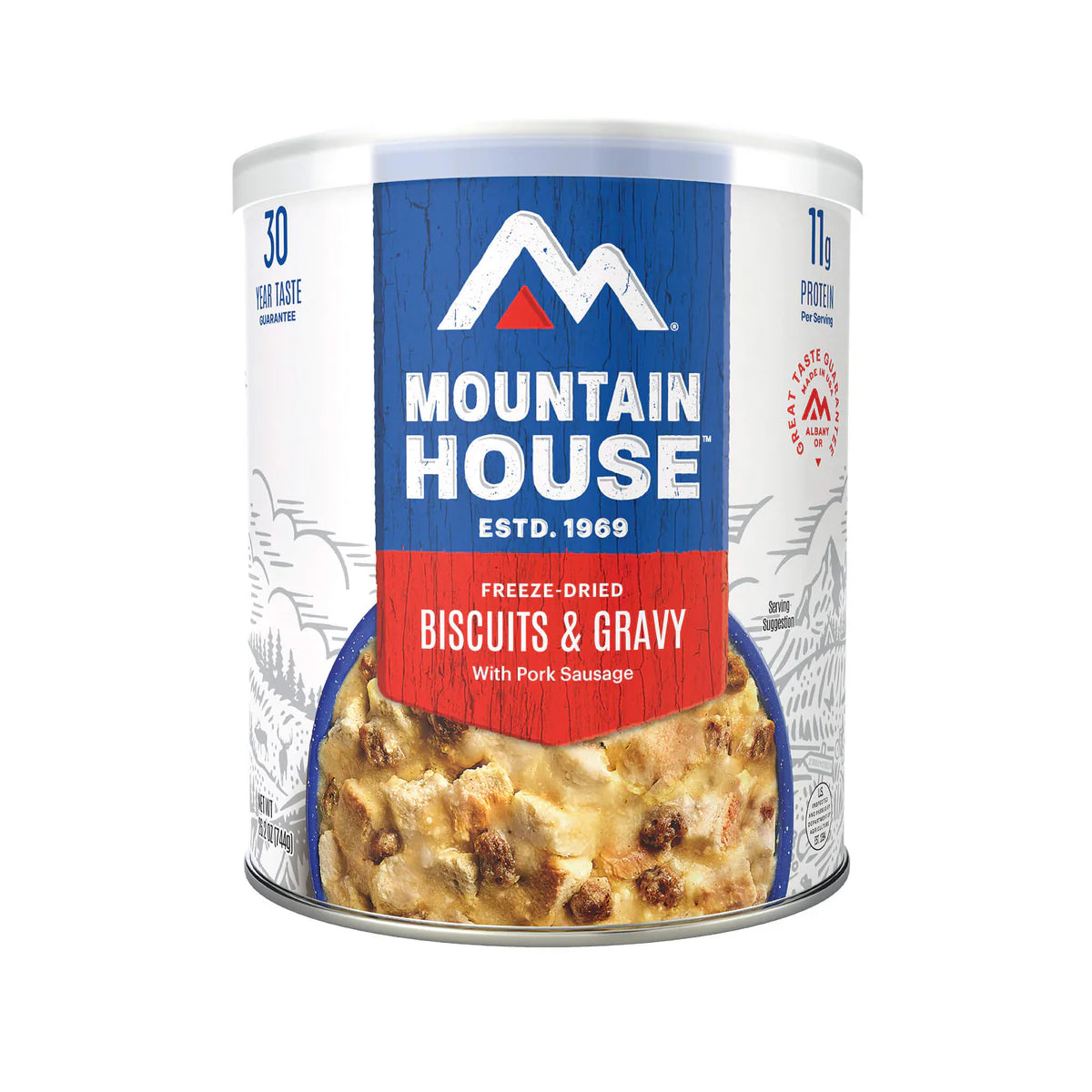 Front view of Mountain House Biscuits & Gravy #10 can