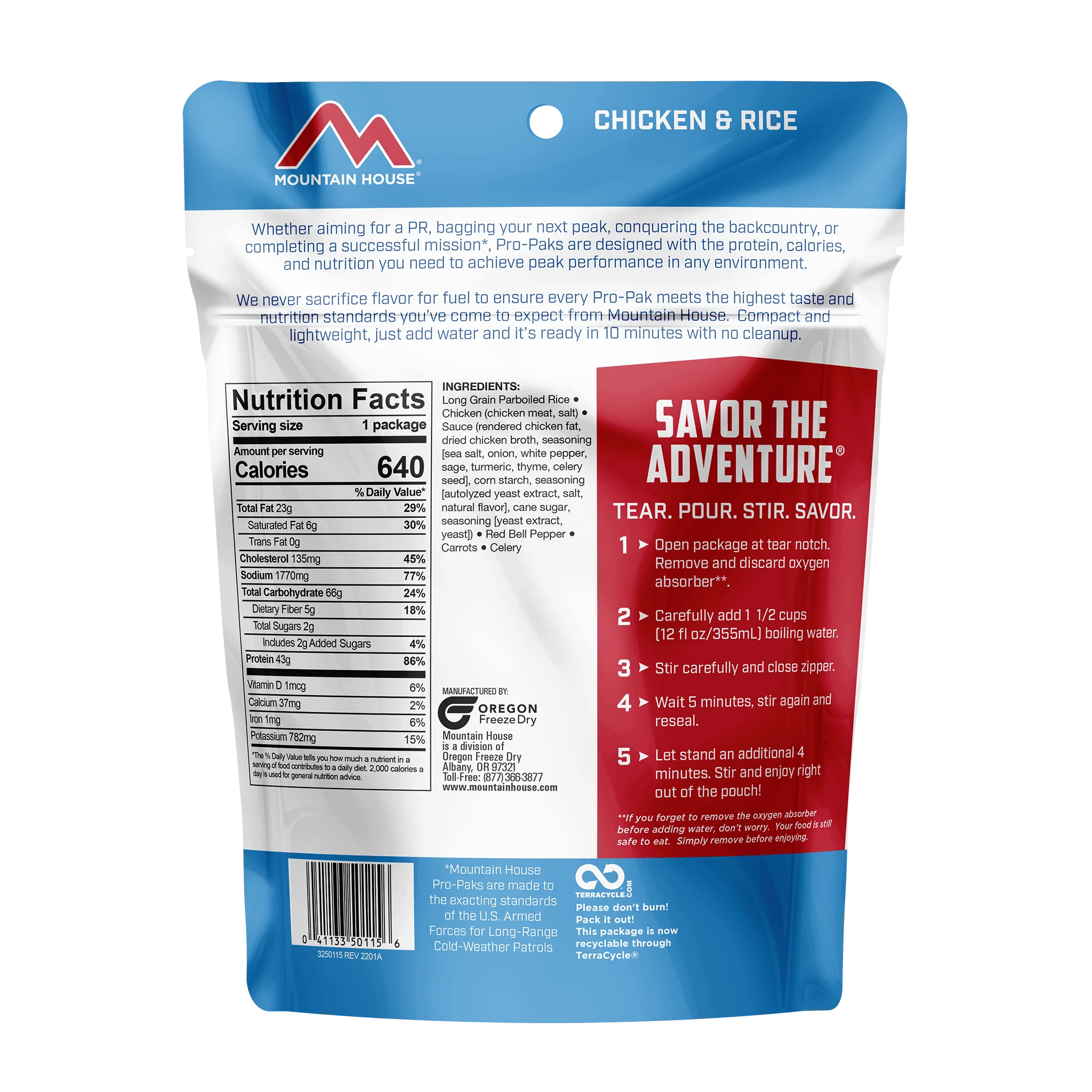 Ingredients & nutrition label of Rice & Chicken pouch