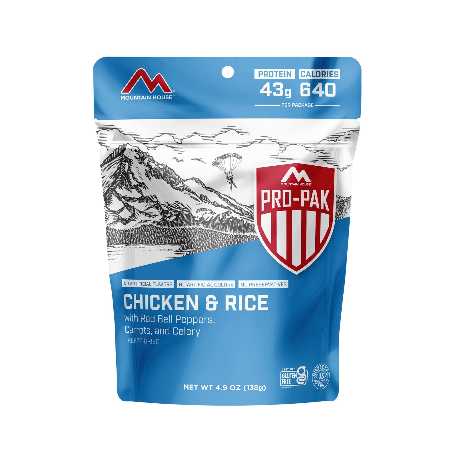 Front view of Mountain House Rice & Chicken pouch