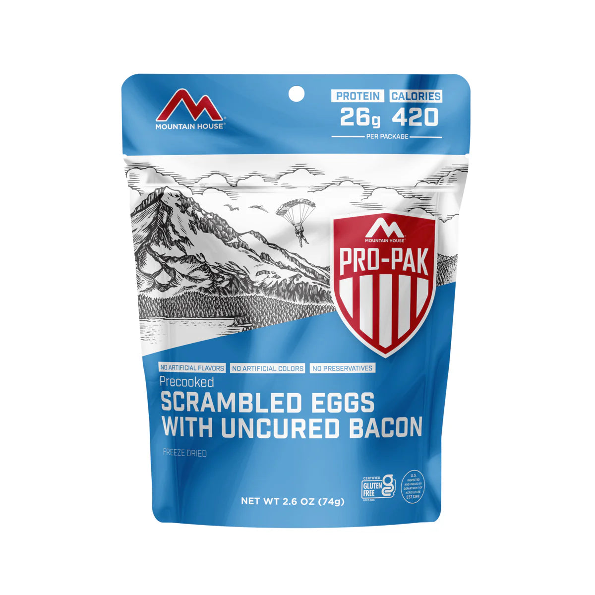 Front view of Mountain House Scrambled Eggs with Uncured Bacon pouch