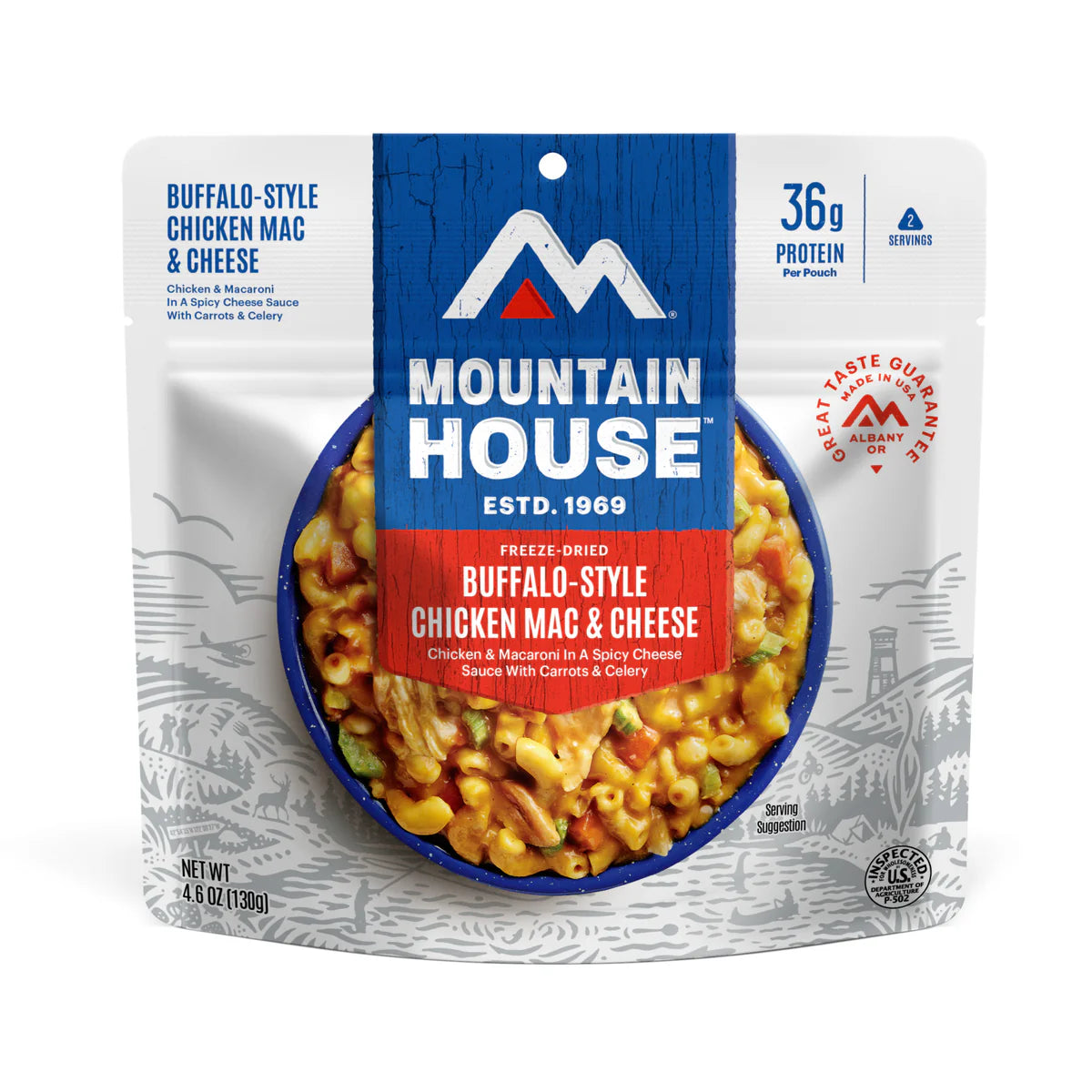 Front view of Mountain House Buffalo-Style Chicken Mac & Cheese pouch