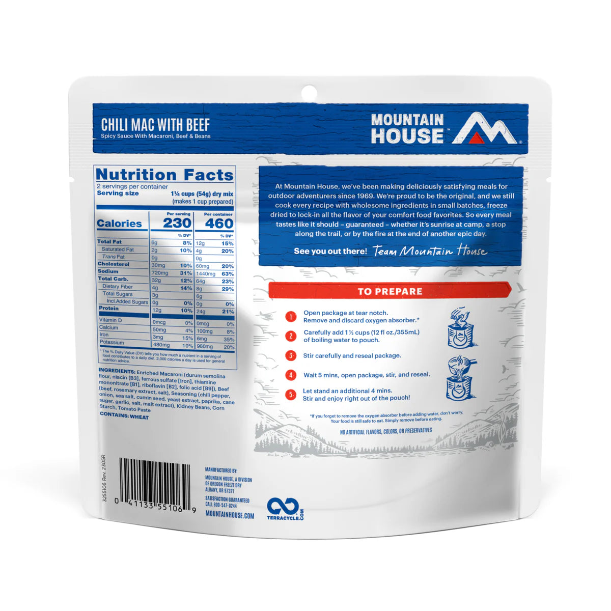 Ingredients & nutrition label of Mountain House Chili Mac with Beef pouch