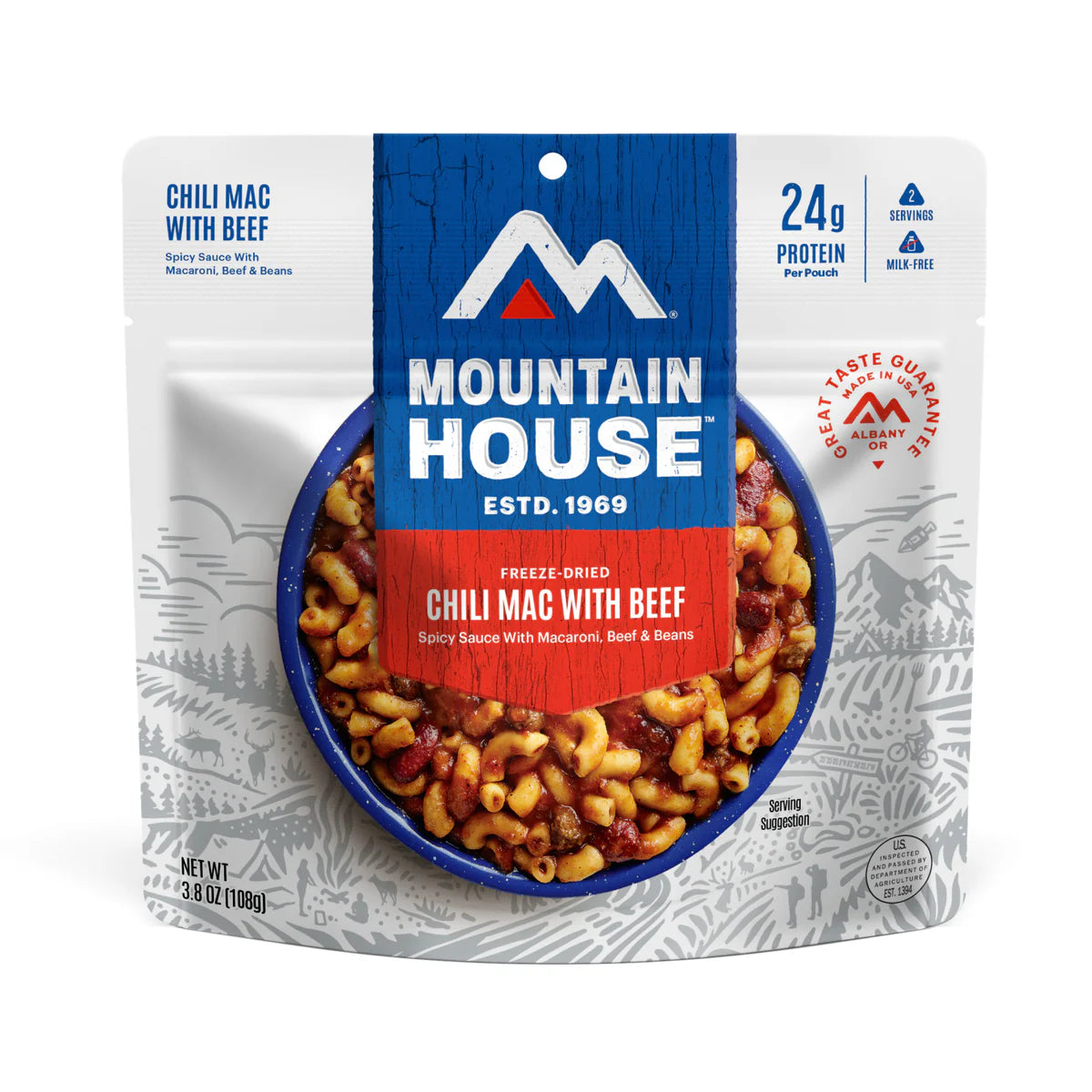Front view of Mountain House Chili Mac with Beef pouch