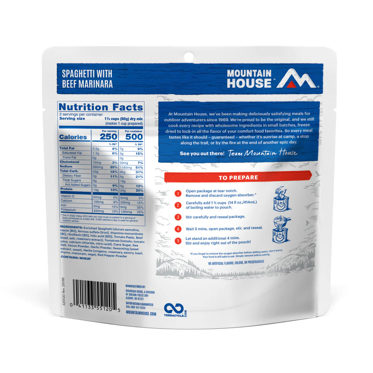 Nutrition & ingredients label of Mountain House Spaghetti with Beef Marinara pouch