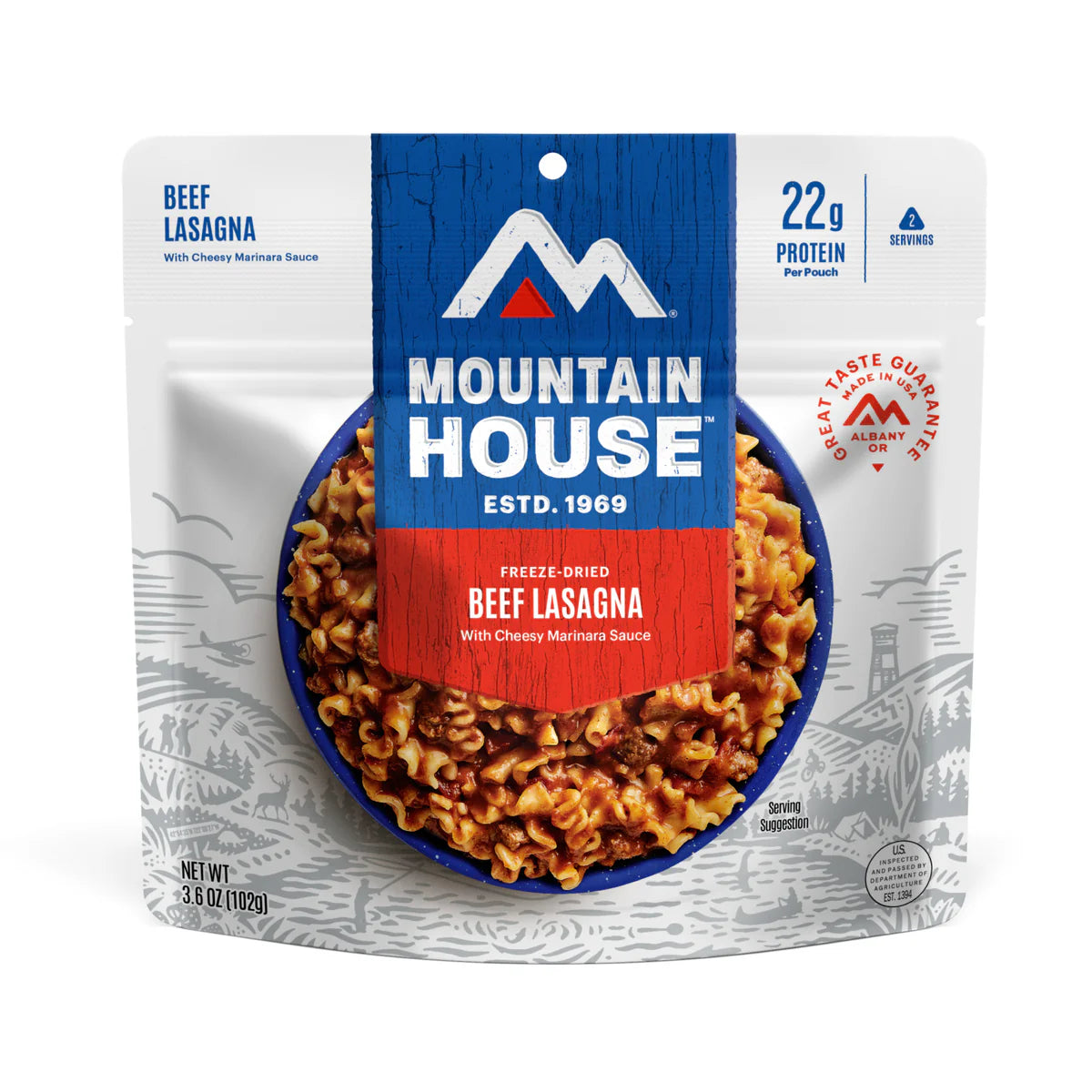 Front view of Mountain House Beef Lasagna pouch