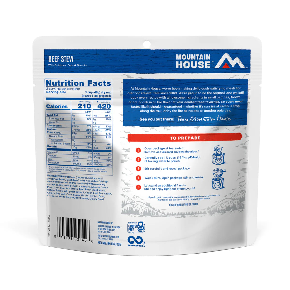 Ingredients & nutrition label of Mountain House Beef Stew pouch