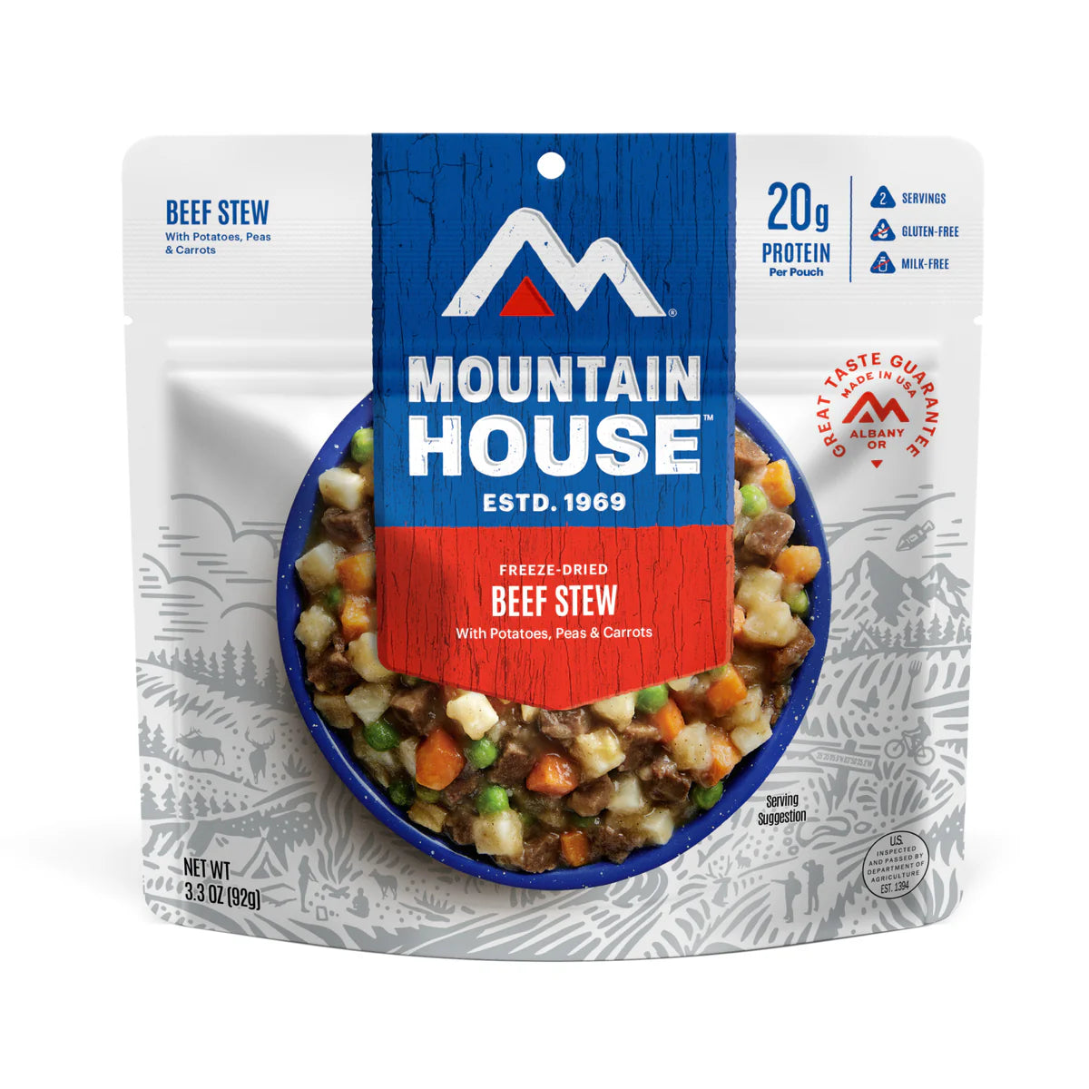 Front view of Mountain House Beef Stew pouch