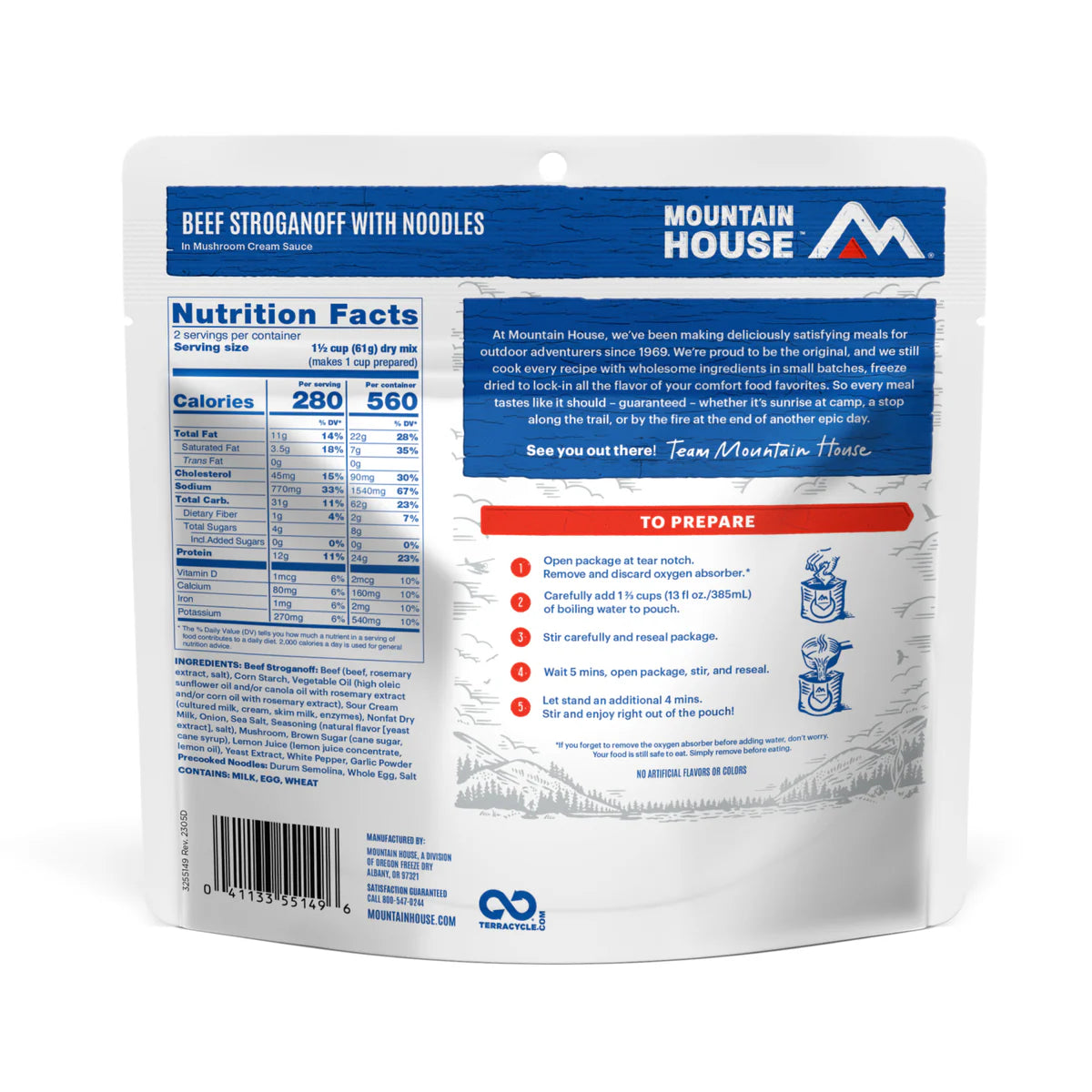 Ingredients & nutrition label of Mountain House Beef Stroganoff with Noodles pouch
