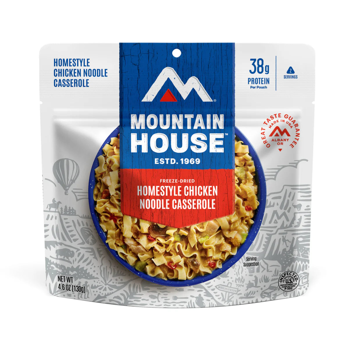 Front view of Mountain House Homestyle Chicken Noodle Casserole pouch