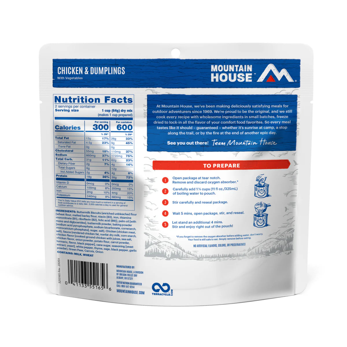 Ingredients & nutrition label of Mountain House Chicken and Dumplings pouch
