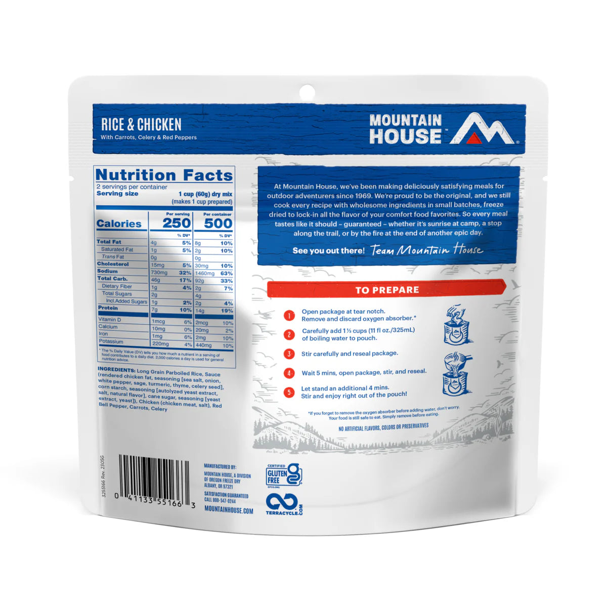 Ingredients & nutrition label of Mountain House Rice & Chicken pouch