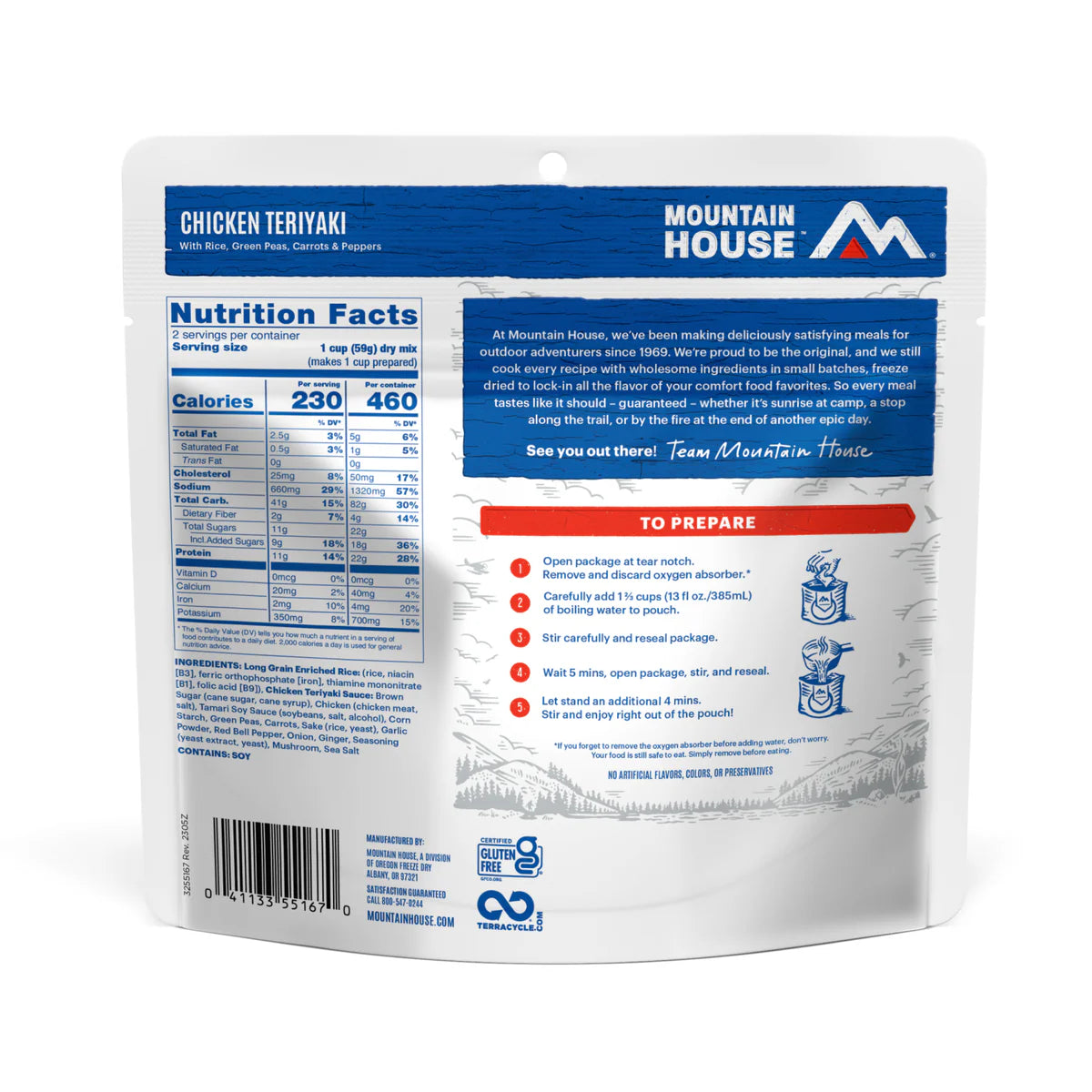 Ingredients & nutrition label of Mountain House Chicken Teriyaki pouch