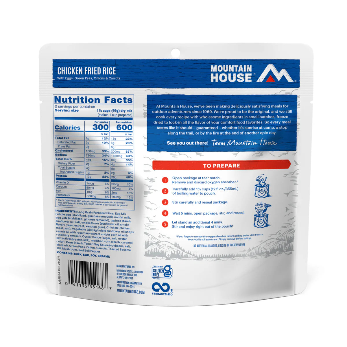 Ingredients & nutrition label of Mountain House Chicken Fried Rice pouch