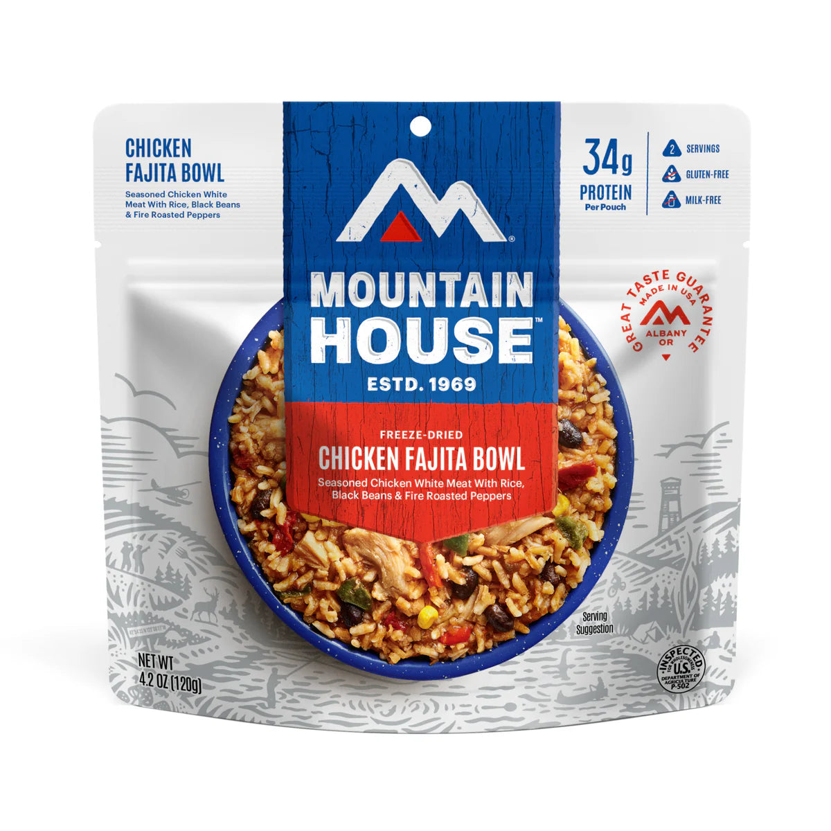 Front view of Mountain House Chicken Fajita Bowl pouch