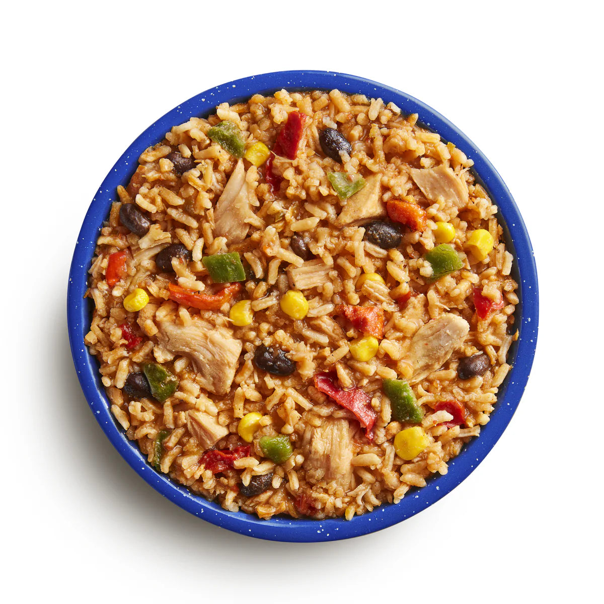 Prepared serving of Mountain House Chicken Fajita Bowl with chicken, peppers, onions & rice