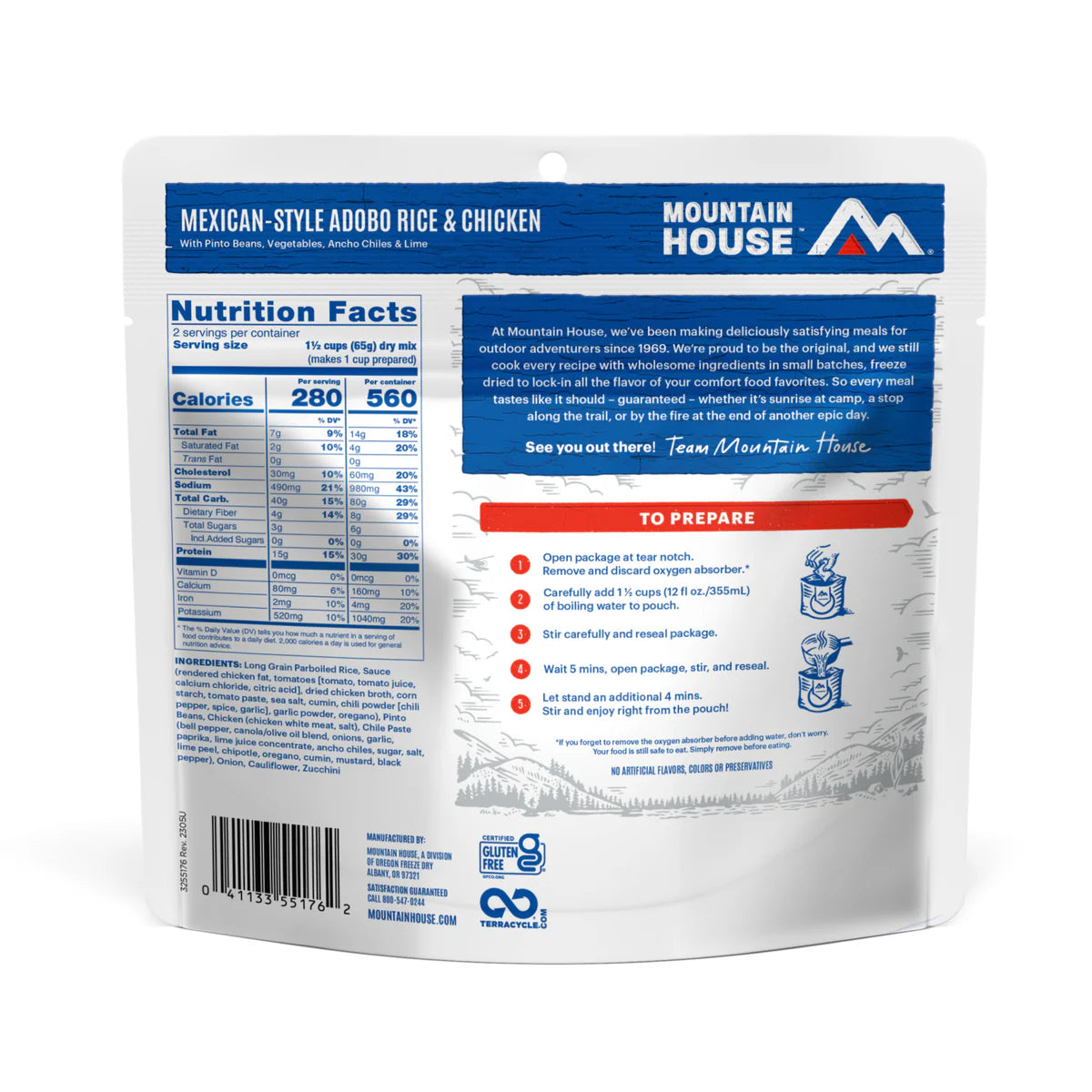 Ingredients & nutrition label of Mountain House Mexican-Style Adobo Rice & Chicken pouch