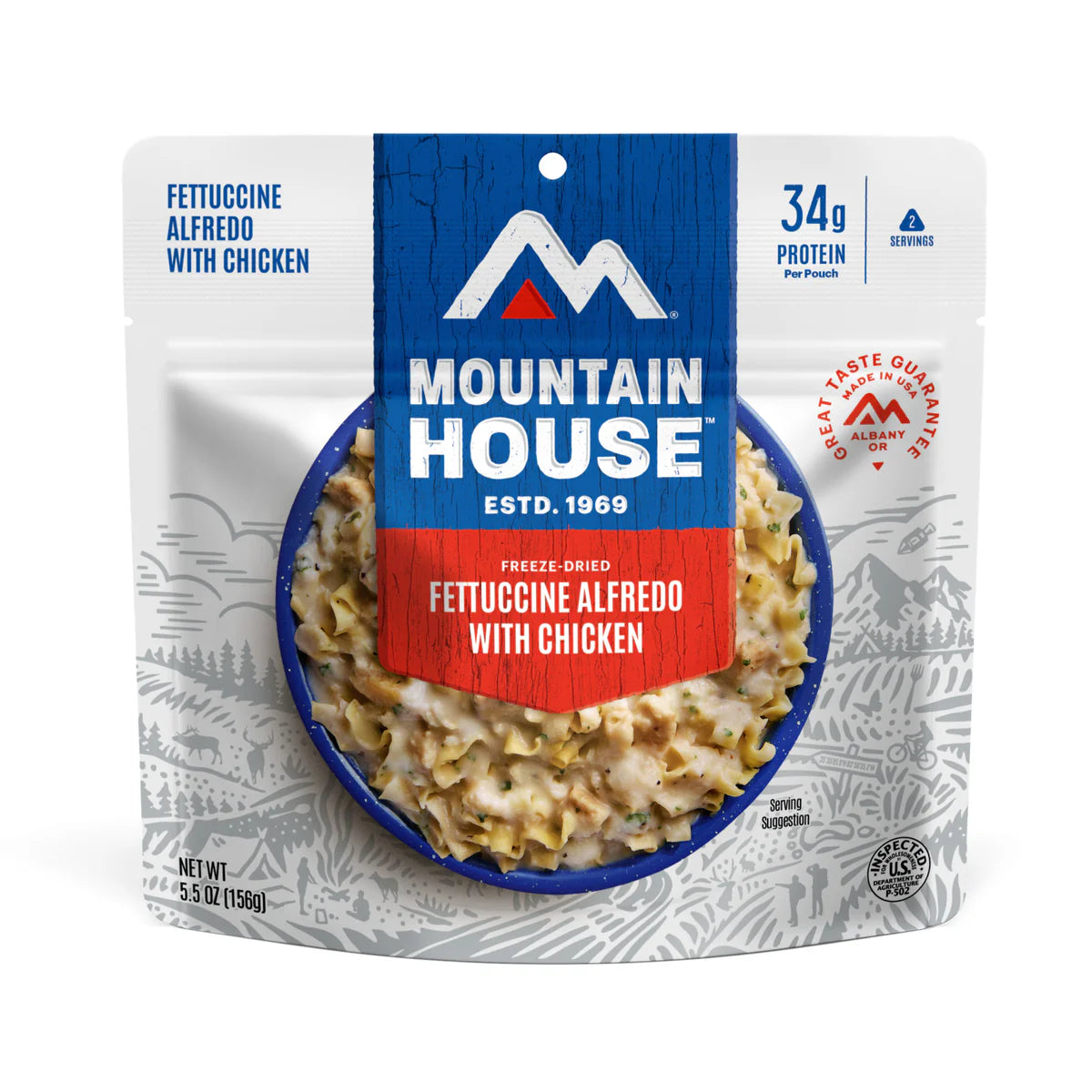 Front view of Mountain House Fettuccine Alfredo with Chicken pouch