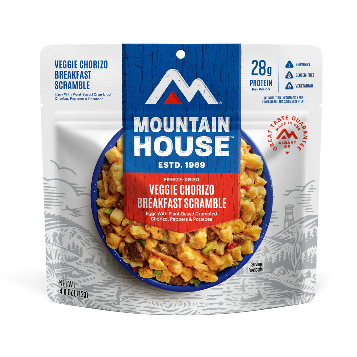 Front view of Mountain House Veggie Chorizo Breakfast Scramble pouch