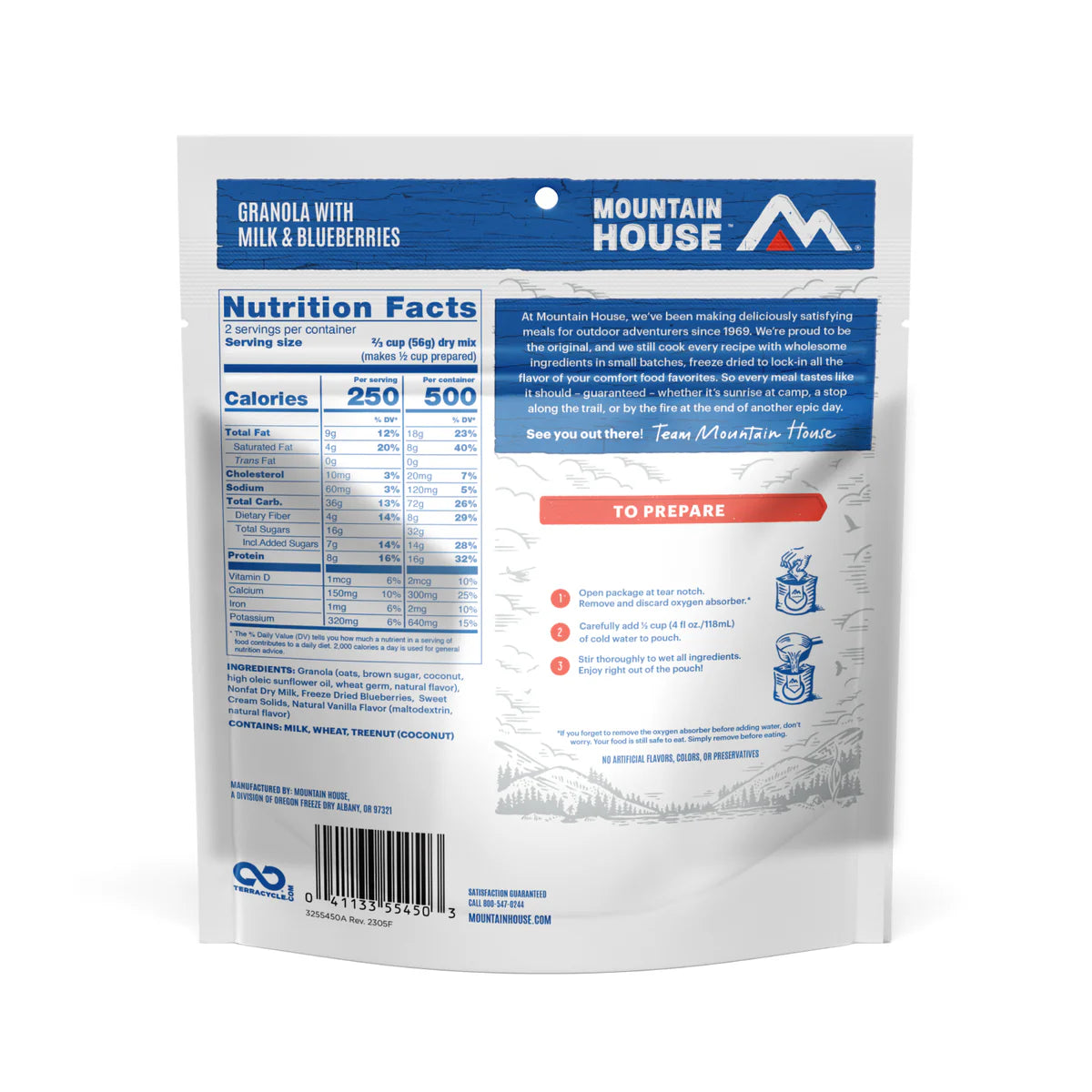 Ingredients & nutrition label of Mountain House Granola with Milk & Blueberries
