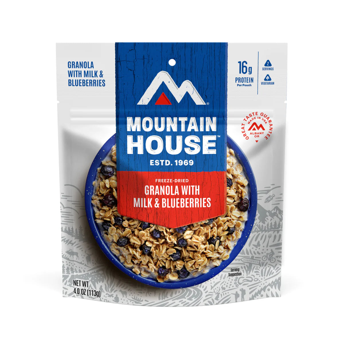 Front view of Mountain House Granola with Milk & Blueberries pouch