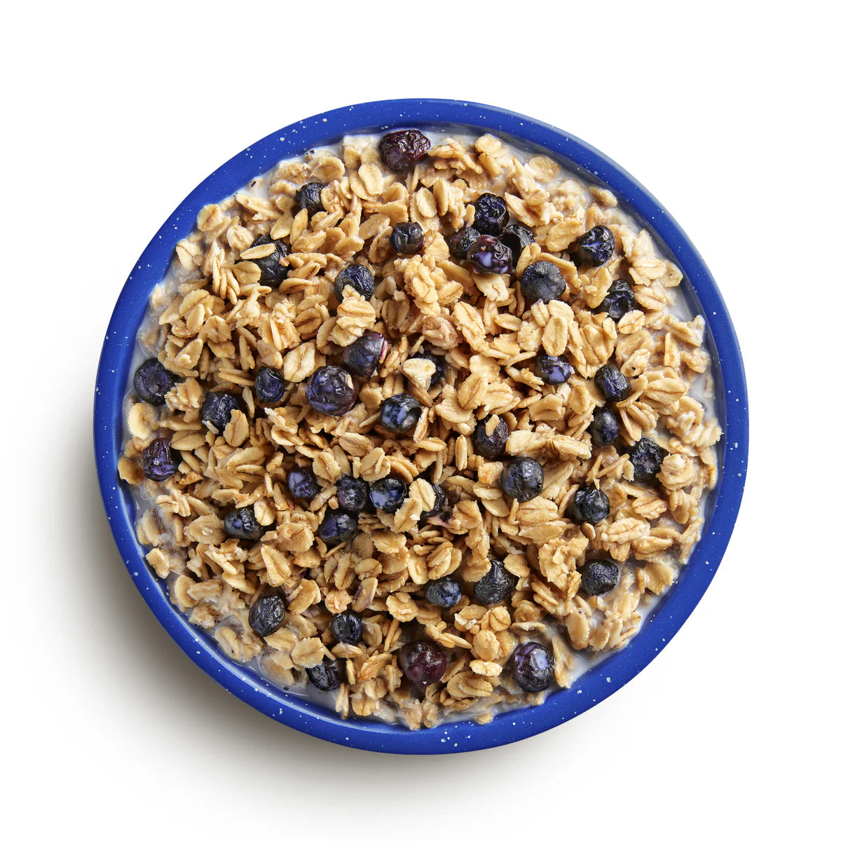 Close-up of prepared Granola with Milk & Blueberries with milk in bowl