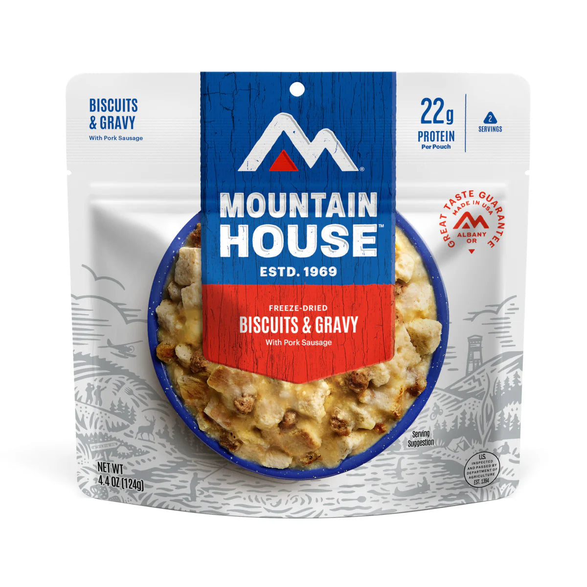 Front view of Mountain House Biscuits & Gravy pouch