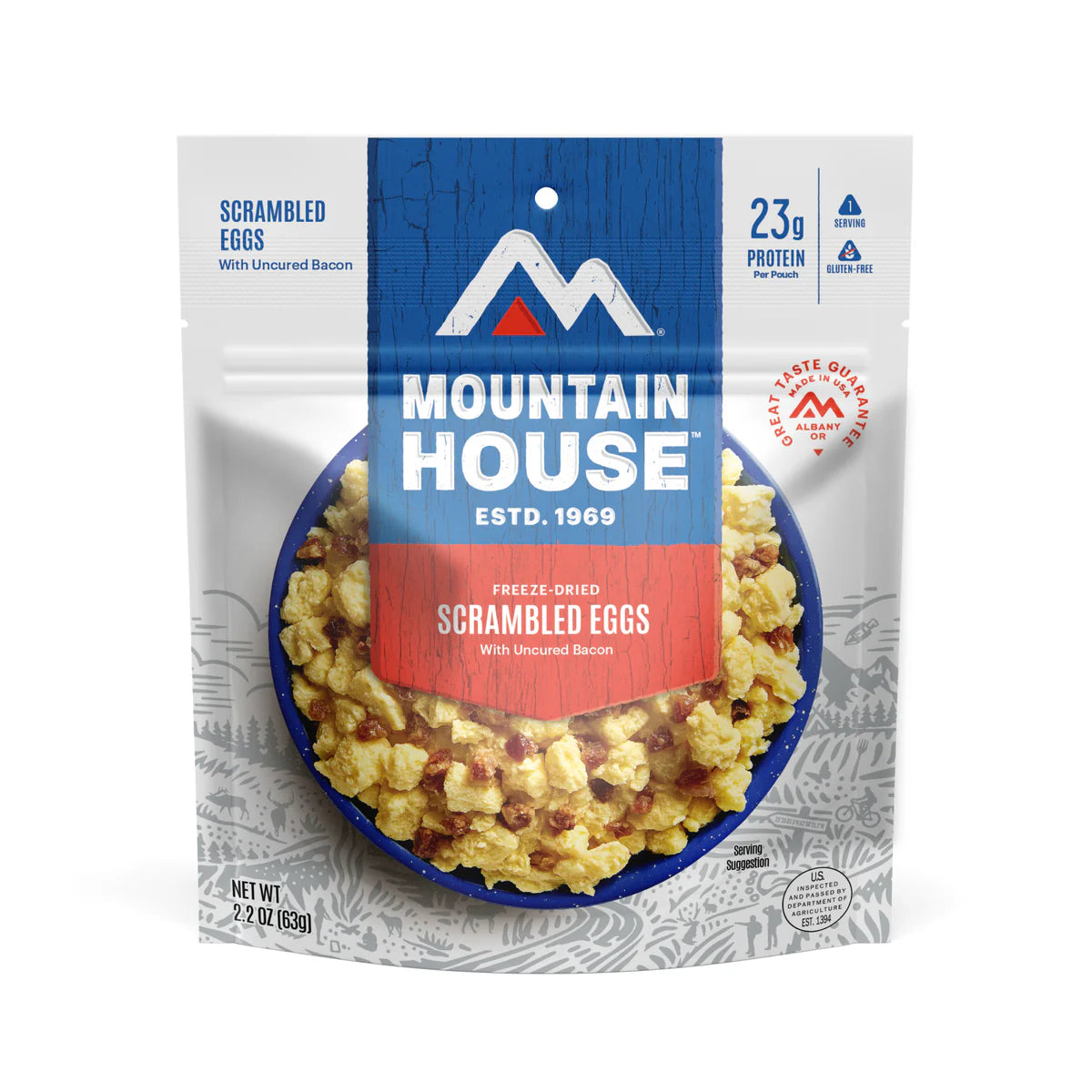 Front view of Mountain House Scrambled Eggs with Uncured Bacon pouch