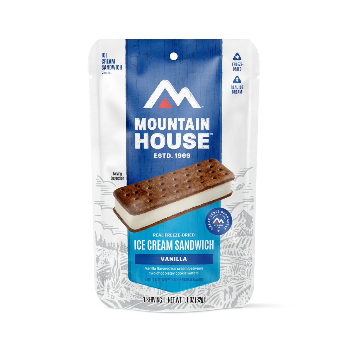 Front view of Mountain House Vanilla Ice Cream Sandwich pouch