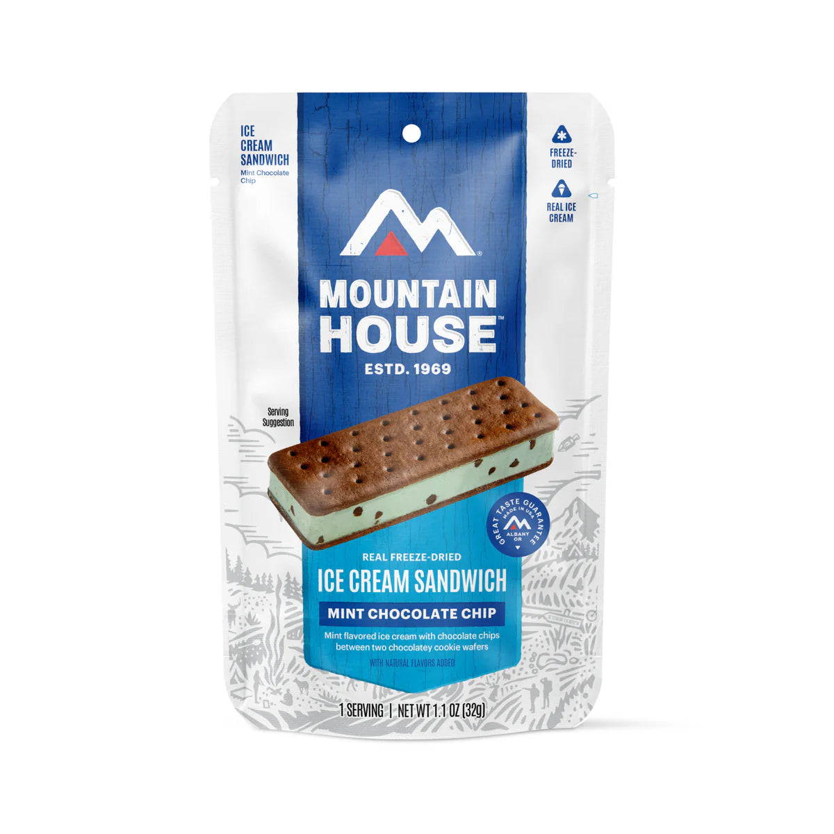 Front view of Mountain House Mint Chocolate Chip Ice Cream Sandwich pouch