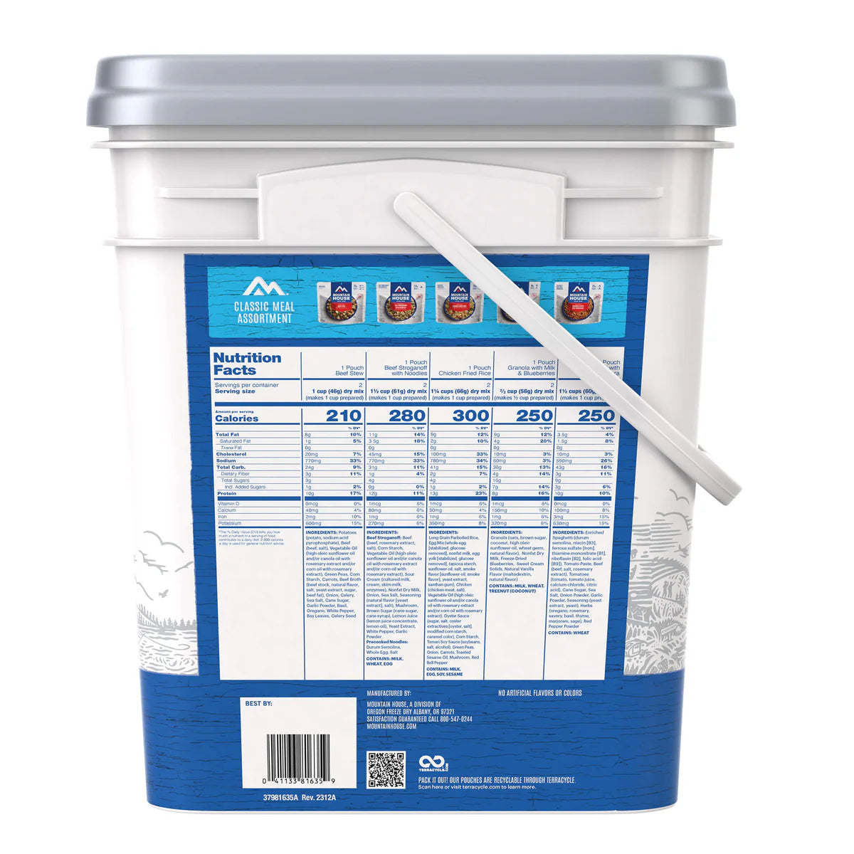 Rear view of Mountain House Classic Meal Assortment Bucket showing packaging and label