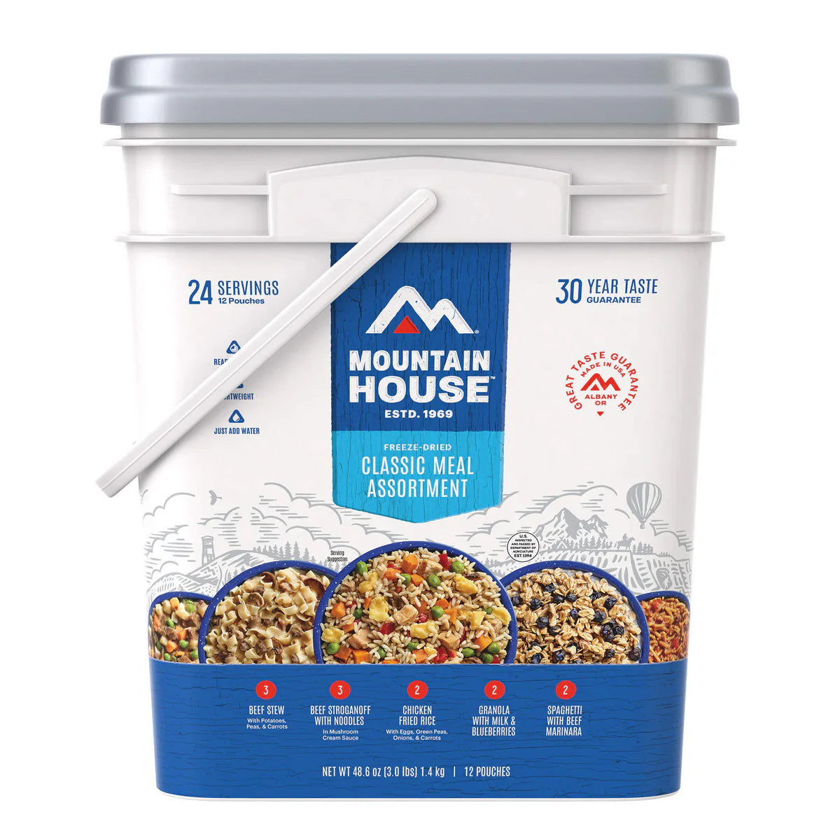 Front view of Mountain House Classic Meal Assortment Bucket showing packaging and label
