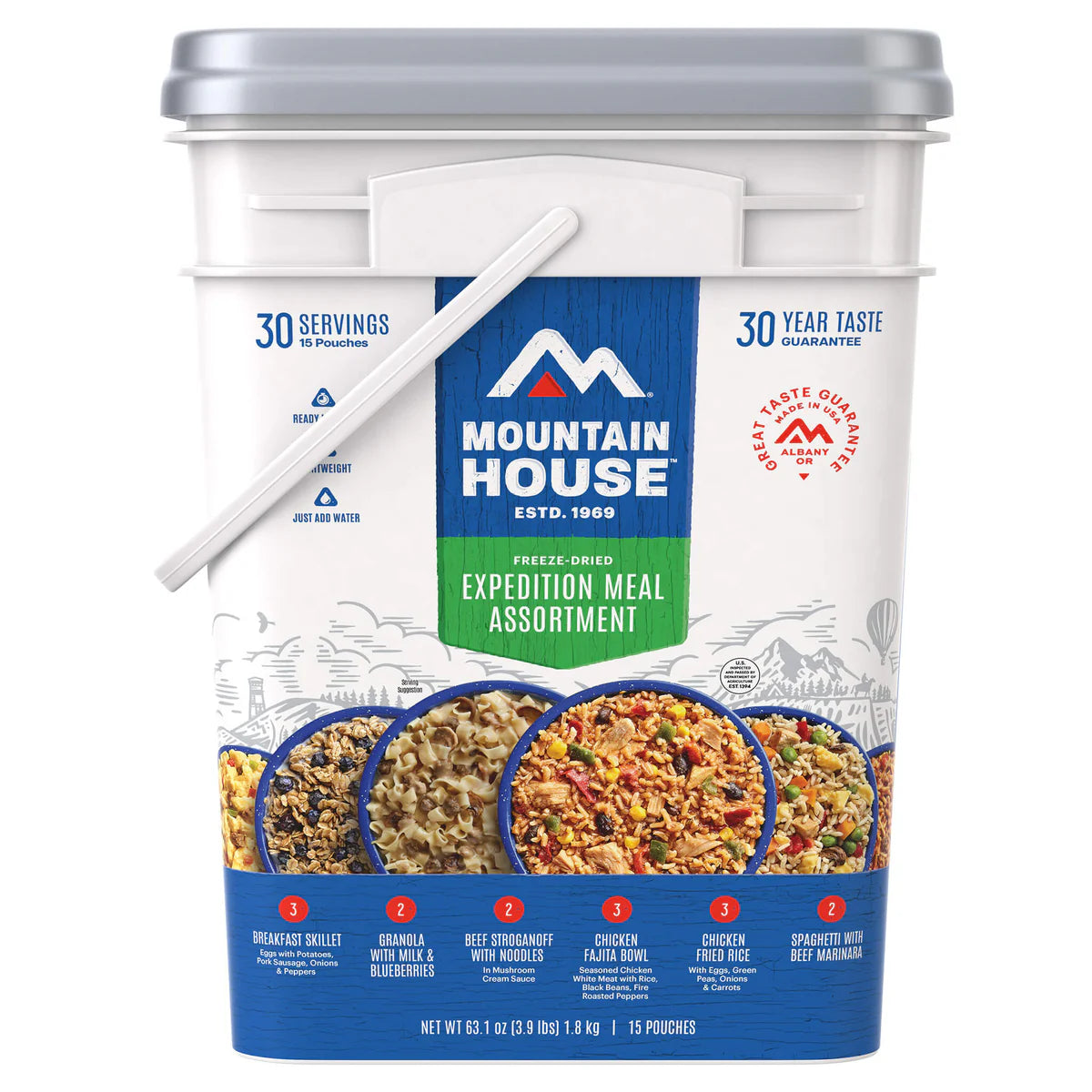 Front view of Mountain House Expedition Meal Assortment Bucket showing product label