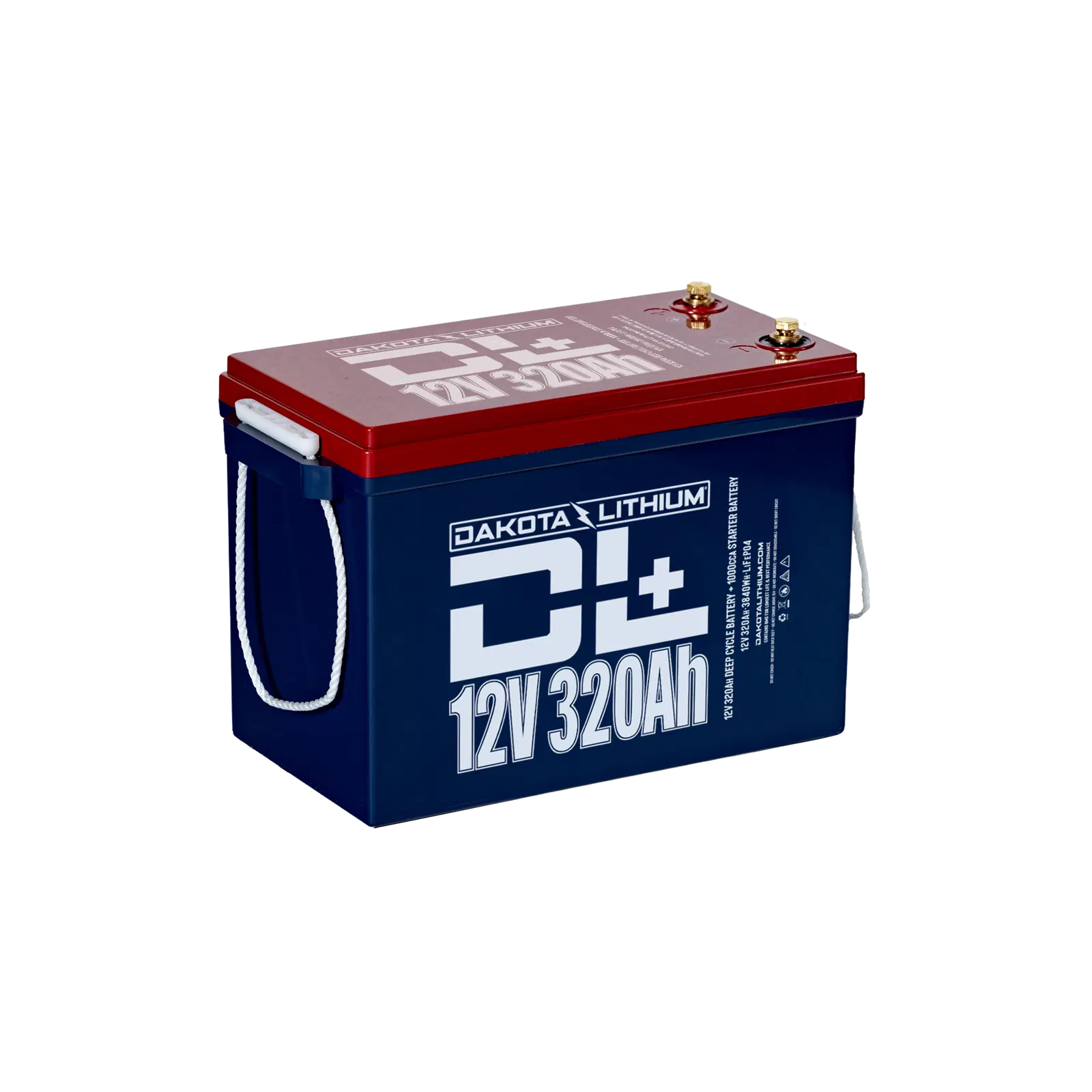 Side view showing terminals and rugged casing of DL+ 12V 320Ah battery